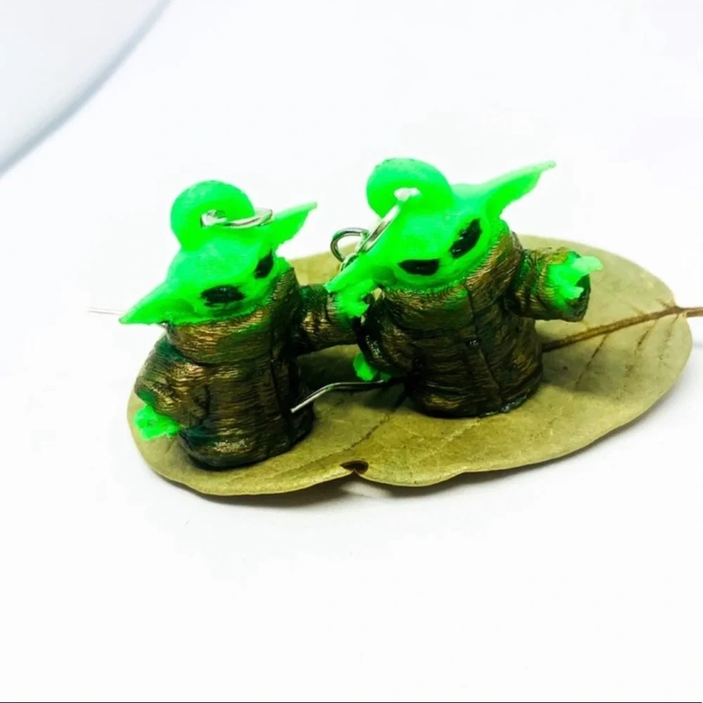 New S925 Sterling Silver Handmade Baby Yoda Earrings 3D Printed Hand Painted